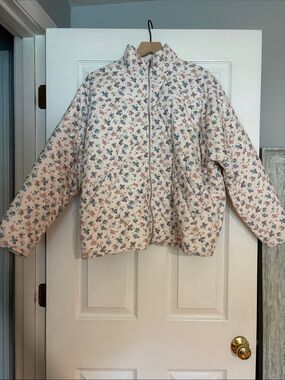 Altar'd State Cream Quilted Bomber Jacket with Blue & Pink Floral Print